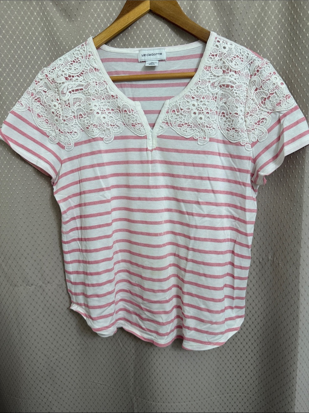 Liz Claiborne Pink & White Striped Lace-Yoke Short Sleeve Tee